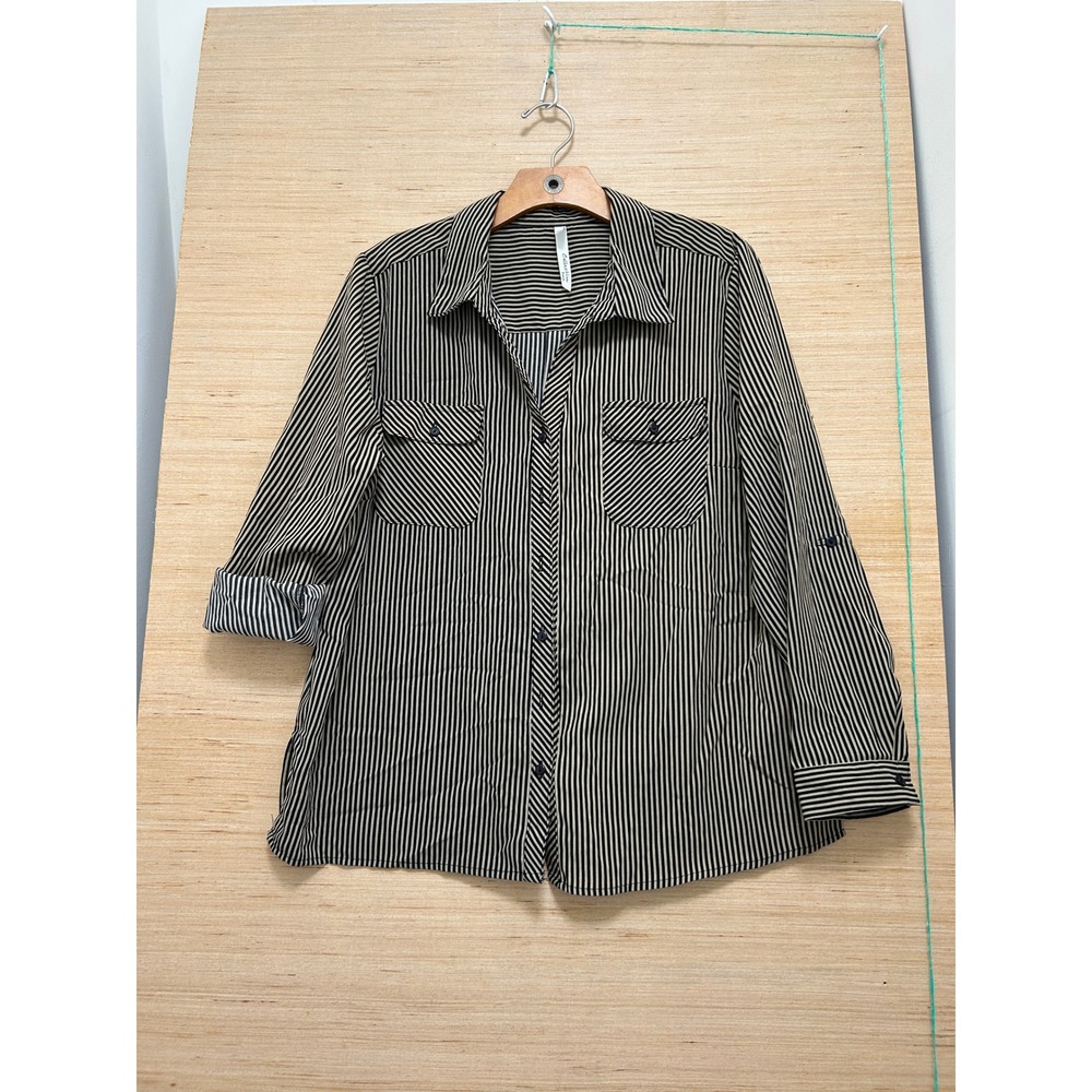 Ny Collection Petite Black Tan Striped Roll Tab Button Down Shirt‎ Blouse 3877